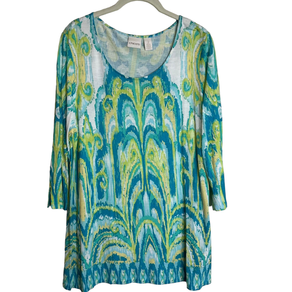 Chicos Womens Rayon Tunic Large Blue Yellow Watercolors Lightweight 3/4 Sleeve
